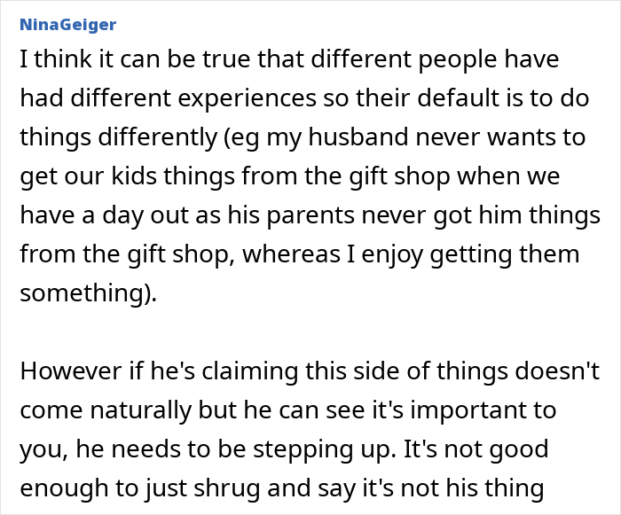 Text from a user explaining how her husband's lack of consideration and thoughtfulness affects gift-giving habits in their family. Text from a user explaining how her husband's lack of consideration and thoughtfulness affects gift-giving habits in their family.