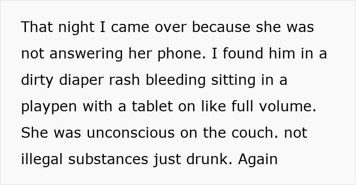 Text excerpt describing concern over child neglect with mention of diaper rash, unconscious mother, and tablet use in a playpen.