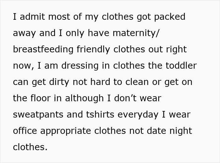 Text about a woman wearing maternity and breastfeeding-friendly clothes after having a baby, facing pressure about weight loss and medication.