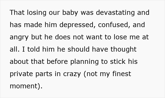 Text on screen showing a woman upset about her husband's baby-making plan involving a friend after infertility loss.