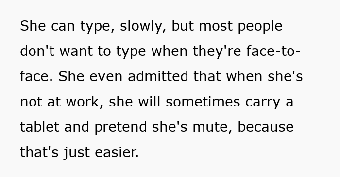 Text excerpt about woman typing slowly and avoiding face-to-face talk, related to man fired over crude drawing SEO keywords.