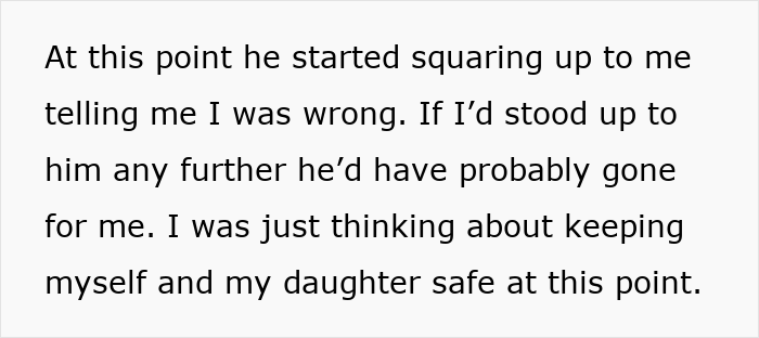Text excerpt showing a tense moment during a confrontation about a dad bringing his 3-year-old daughter inside a men's toilet.