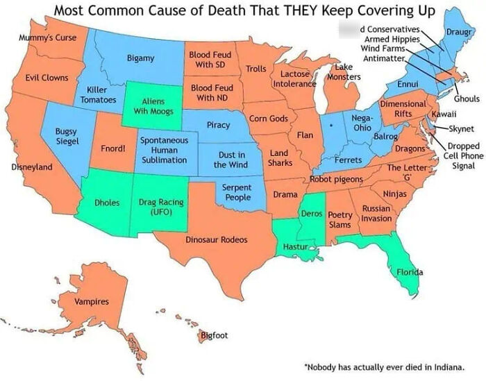 Humorous map showing the most common fictional causes of death by state in the United States.