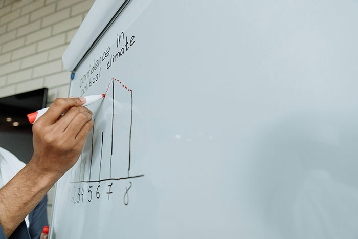 Person drawing a political climate confidence graph on a whiteboard, highlighting challenges faced by colorblind students.