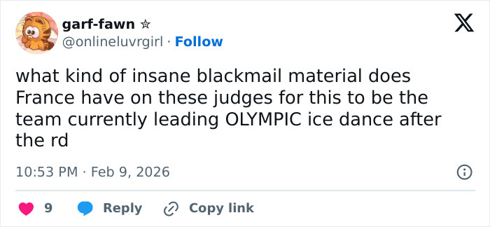 Screenshot of a tweet accusing Olympics figure skating judges of suspicious scoring against Team USA in ice dance.