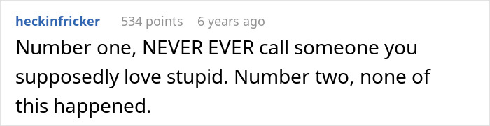 Text post on a forum with a user warning against calling loved ones stupid and denying that any prank incident occurred.