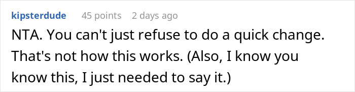 Reddit user commenting on quick change refusal, highlighting boyfriend unable to handle actress girlfriend changing in front of men.