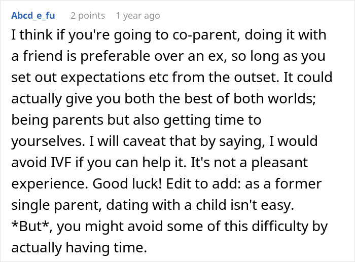 Comment discussing the pros and cons of platonic co-parenting and considerations when having a baby with an ex.