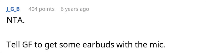 Text comment showing advice to tell partner to use earbuds with mic, referencing annoyed girlfriend and music mute issues.