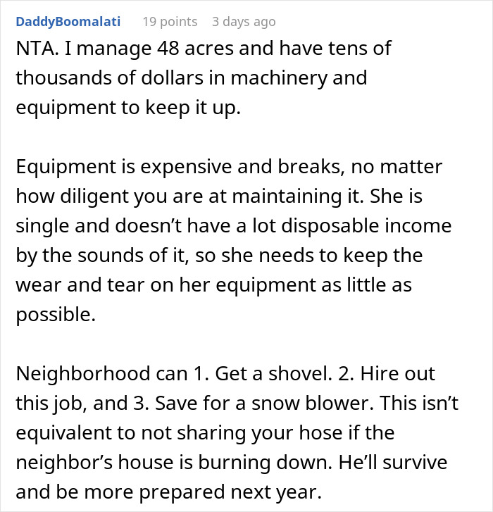 Comment explaining why a woman refuses to lend her new snow blower to a neighbor she never met before.