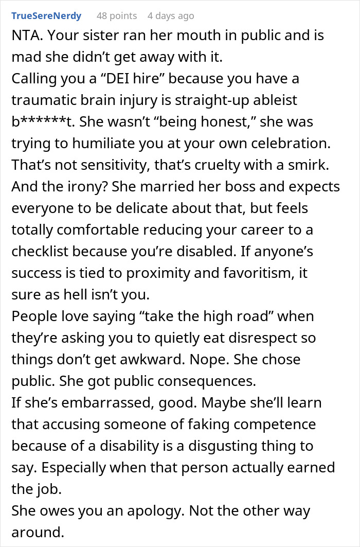 Comment discussing woman firing back after sister insults her, making husband embarrassed and confusing her kids.