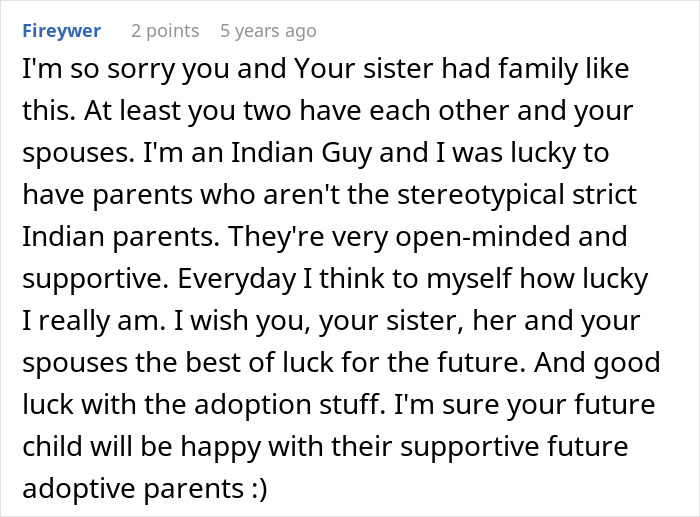 Comment expressing sympathy for family struggles and mentioning supportive parents and future adoptive parents.