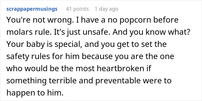 Comment discussing safety rules for babies, highlighting a rude mother potentially ruining a family dinner atmosphere.