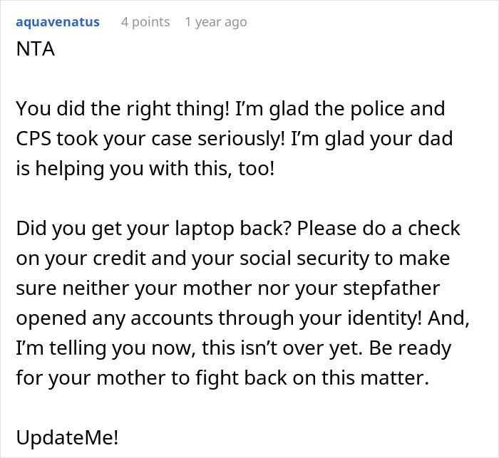 Comment praising police and CPS for helping a teen finally escape horrible family after step-father's misstep.