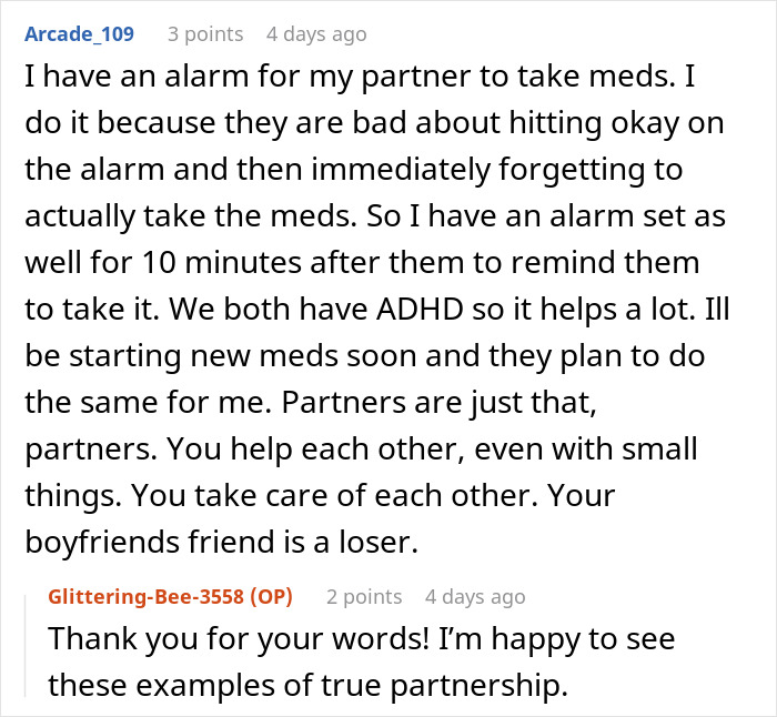 Text conversation showing support in a pill relationship with reminders to take meds and addressing boyfriend bullying. Text conversation showing support in a pill relationship with reminders to take meds and addressing boyfriend bullying.