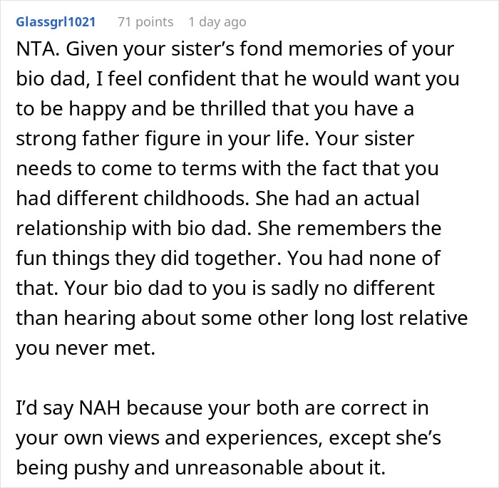 Comment discussing sister's reaction to teen calling stepdad dad and suggesting therapy instead of screaming. Comment discussing sister's reaction to teen calling stepdad dad and suggesting therapy instead of screaming.