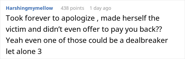 Comment about a girlfriend playing the victim after using boyfriend&rsquo;s credit card without permission, showing disgust from him.