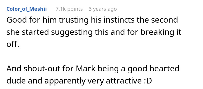 Comment praising a guy for trusting instincts and breaking up after woman suggests an open relationship.