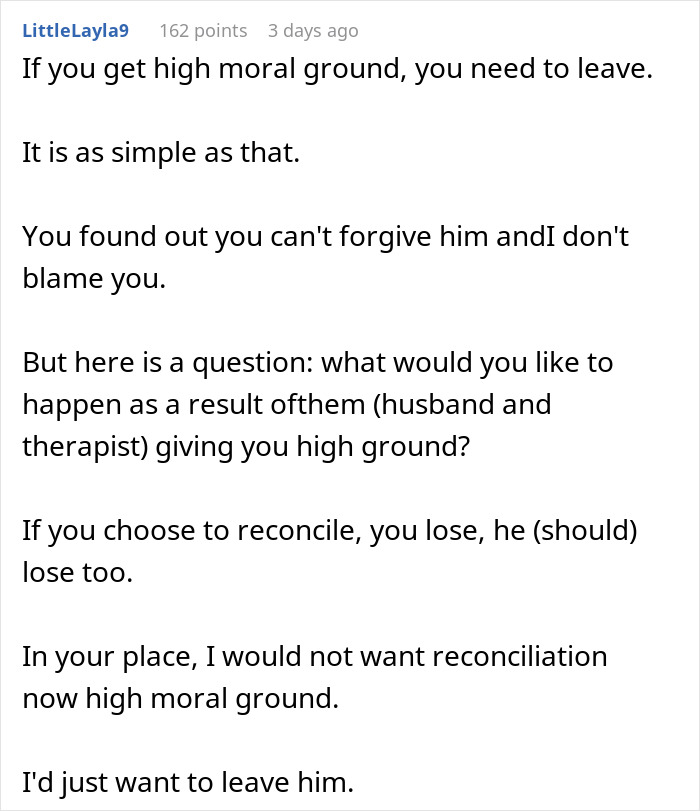 Comment discussing a woman&rsquo;s reaction to a cheating husband and advice from a fair therapist on moral ground.