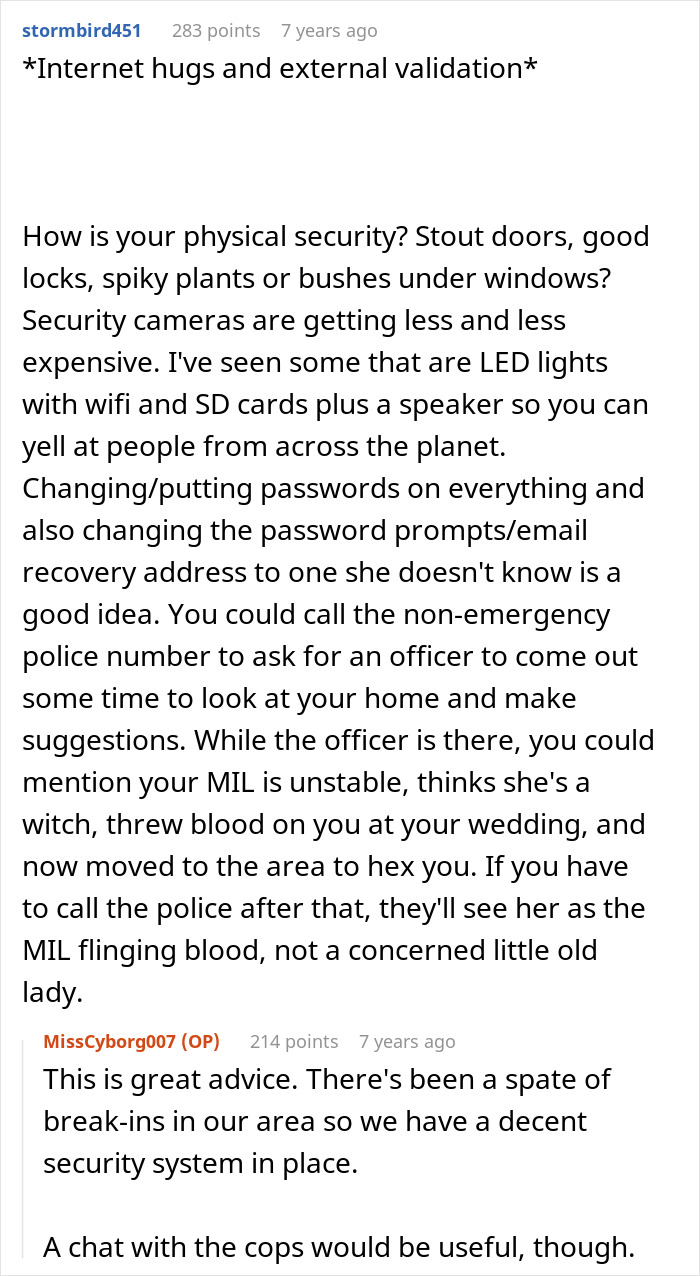 Online conversation about home security and dealing with an unstable MIL, related to MIL tries to catfish woman backfiring.