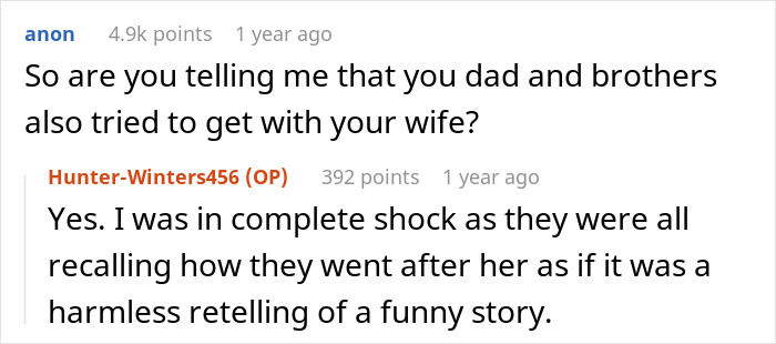 Screenshot of a Reddit conversation about male relatives and friends trying to get with a guy&rsquo;s ex-wife.