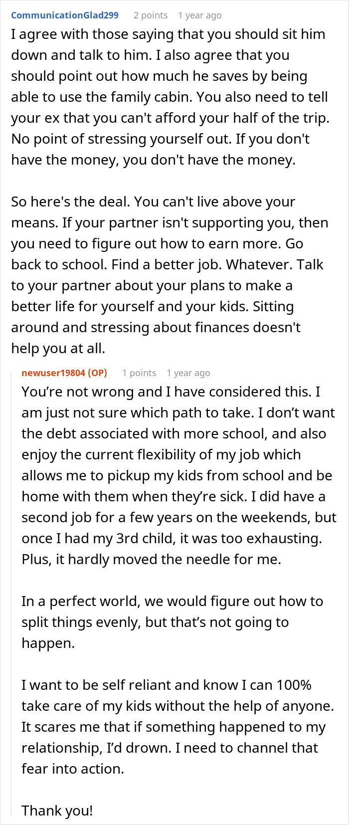 Text conversation about financial struggles and advice for a woman panicking after partner leaves son without a ski pass.