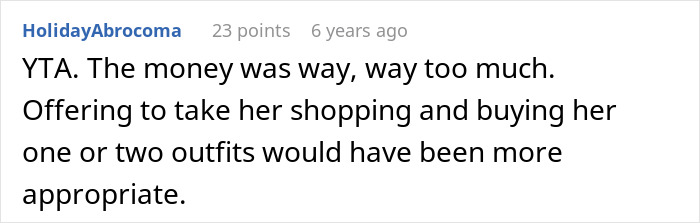 Comment by user HolidayAbrocoma discussing embarrassment and style choices linked to childhood trauma in a relationship context.