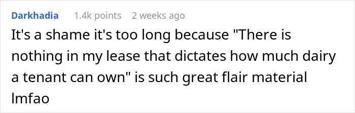 Screenshot of a Reddit comment humorously discussing lease rules related to dairy and cheese wheel girlfriend relationship.