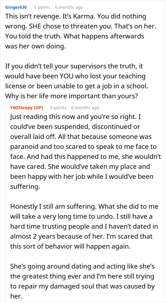 Reddit conversation revealing a teacher&rsquo;s malicious threats causing a coworker to suffer and face serious consequences.