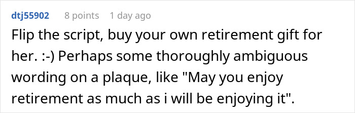 Screenshot of a Reddit comment discussing refusal to contribute $50 towards a coworker's retirement gift after conflict at work.