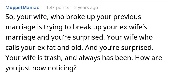Comment text expressing disbelief at a mistress-turned-wife’s insecurity over ex marrying a rich man. Comment text expressing disbelief at a mistress-turned-wife’s insecurity over ex marrying a rich man.