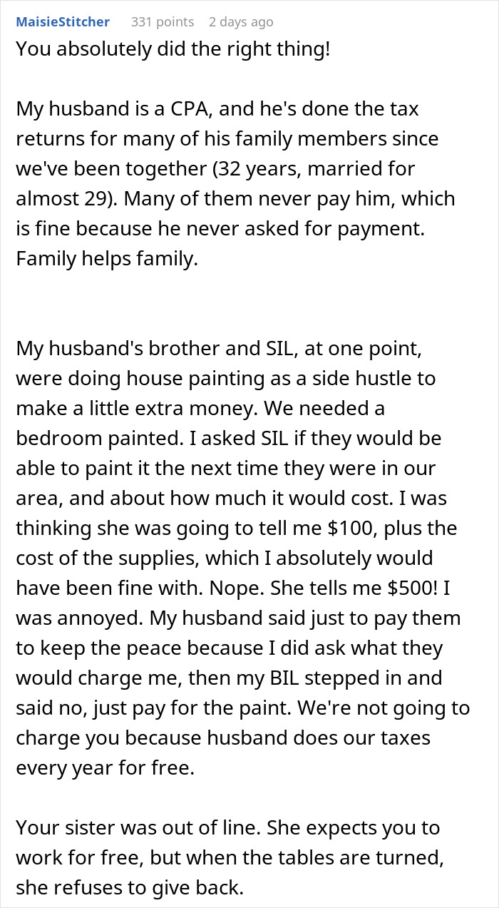 Comment detailing a family conflict where a sister refuses to plan wedding and gets demoted guest status.