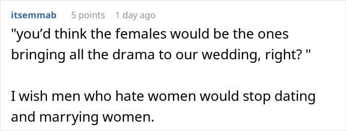 Comment discussing groom&rsquo;s brother bringing drama to wedding and unexpected events on the same day.