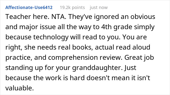 Screenshot of a user comment praising grandma for teaching grandkid to read amid childcare perks dispute.