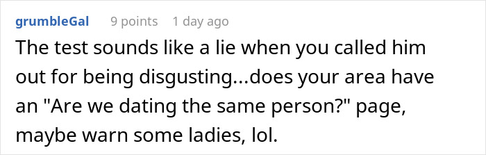 Screenshot of a social media comment discussing a first date where a guy fakes an emergency and gets caught.