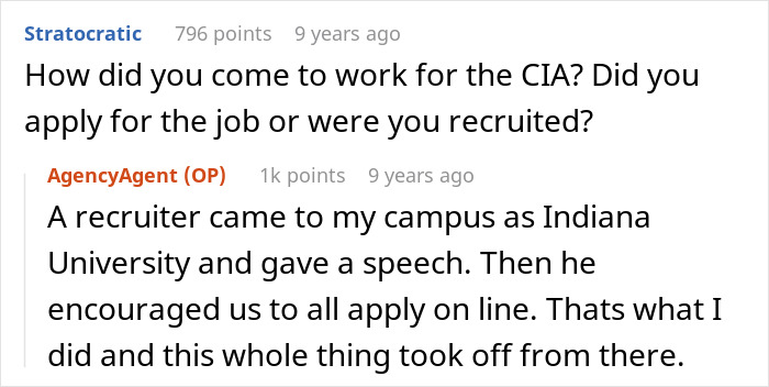 Text from an online discussion where a former CIA case officer explains how they were recruited on a university campus.