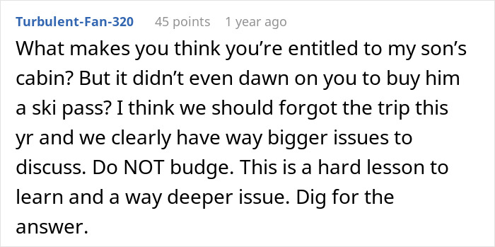 Comment from user Turbulent-Fan-320 discussing entitlement and ski pass issues amid deeper relationship problems.