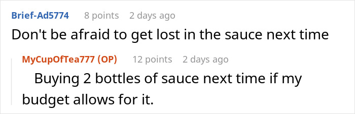 Screenshot of an online discussion where a woman brings leftovers to support her boyfriend in mourning and faces criticism over the food.