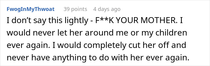Screenshot of a user comment expressing strong feelings about postpartum boundaries and cutting off a mother from their life.