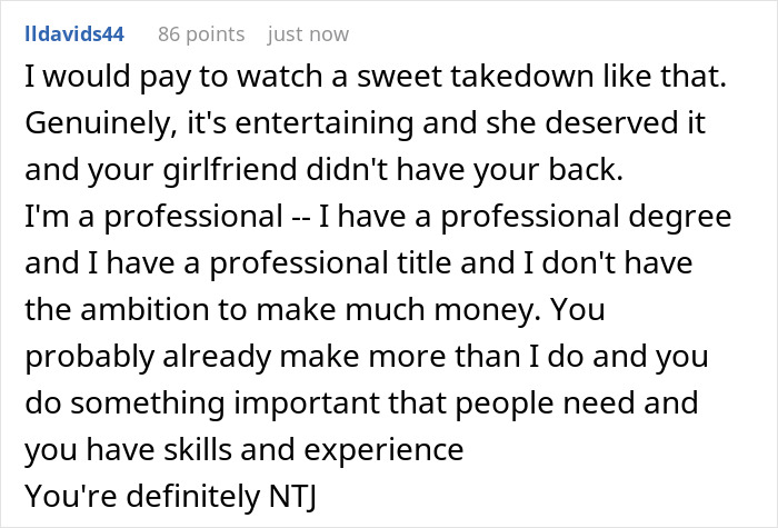 Comment praising an electrician's skills and experience after a woman belittles him for working with his hands.