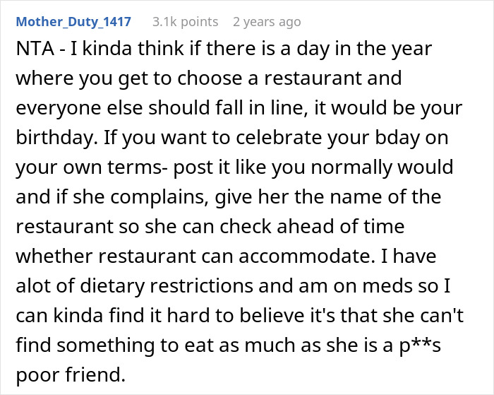 Comment from Reddit user about a woman tired of friend&rsquo;s strict diet rules even on her birthday.