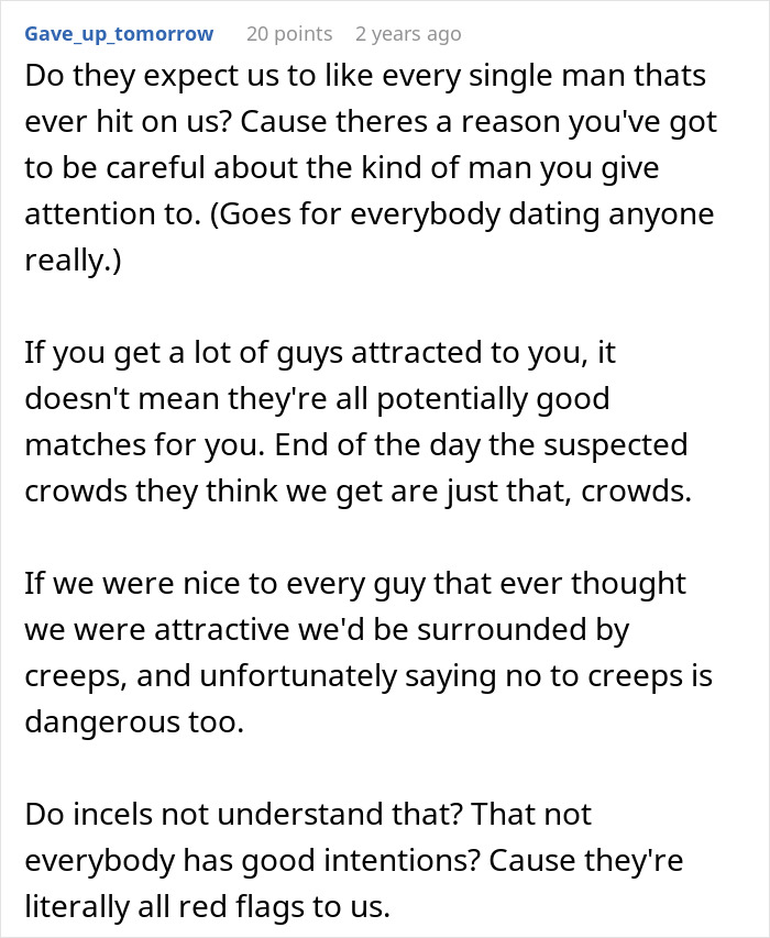 Comment from incel forum discussing dangers women face with unwanted attention and red flags from incels online.