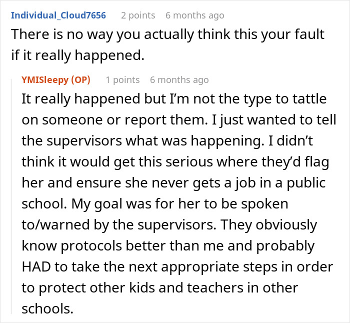Screenshot of an online discussion about a teacher&rsquo;s malicious threats leading to a coworker&rsquo;s ER visit and citywide blacklisting.