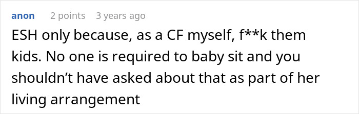 Screenshot of an online comment about a woman refusing to babysit or clean, emphasizing being child-free by choice.