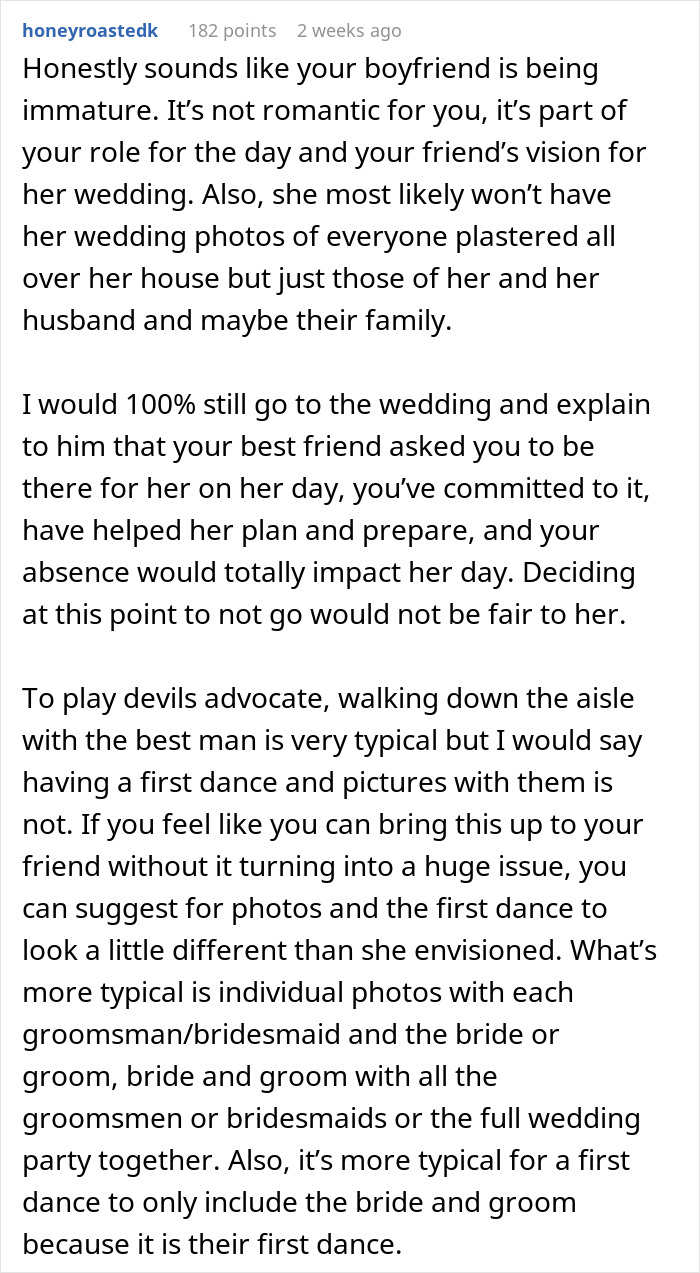 Text post discussing a boyfriend&rsquo;s immaturity over girlfriend&rsquo;s maid of honor duties at friend&rsquo;s wedding and handling the situation.