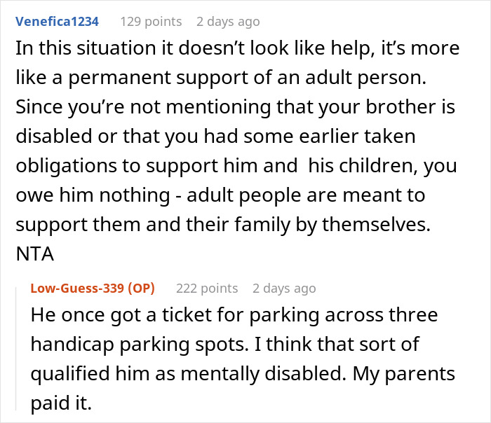 Reddit conversation about guy refusing to help spoiled brother, highlighting family conflict and parental anger.