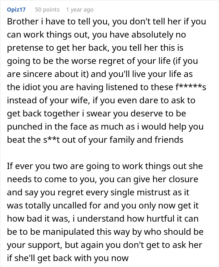 Screenshot of a Reddit comment warning about male relatives and friends ruining a guy&rsquo;s marriage to get with his ex-wife.