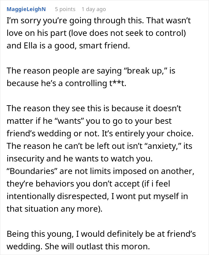 Comment discussing a man who can&rsquo;t handle his girlfriend doing maid of honor duties at a friend&rsquo;s wedding.