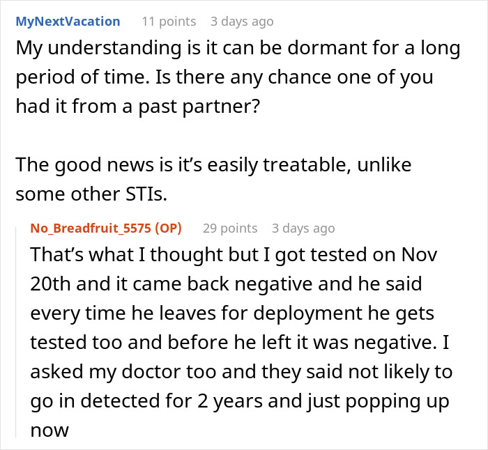 Conversation discussing chlamydia symptoms, testing results, and concerns about boyfriend cheating in the relationship.