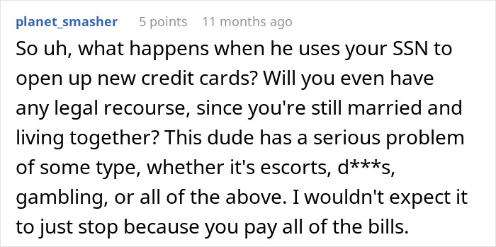 Comment expressing concern about SSN misuse, legal recourse, and trust issues in a tired woman quiet quit marriage situation.